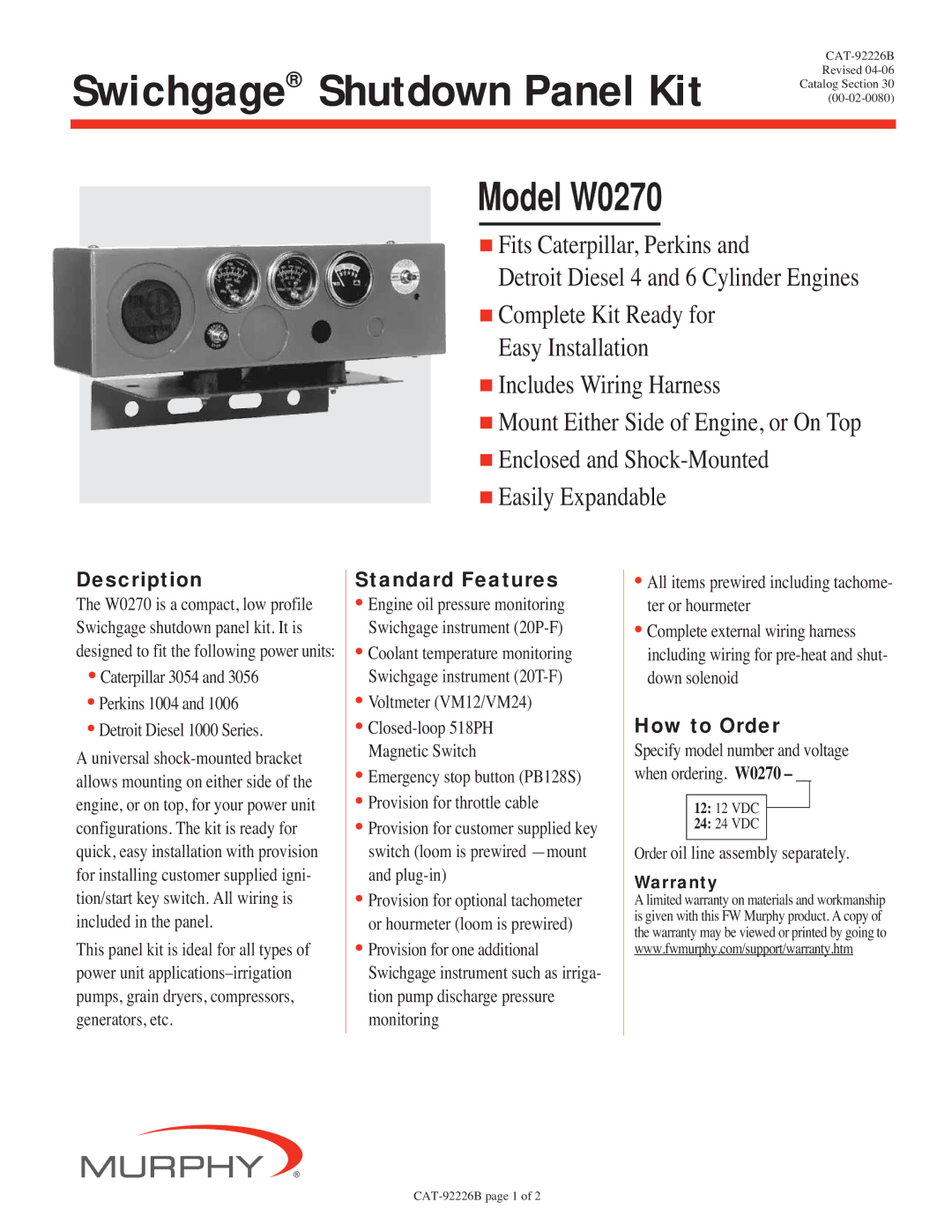 Murphy W0270 warranty Description, Standard Features, How to Order 