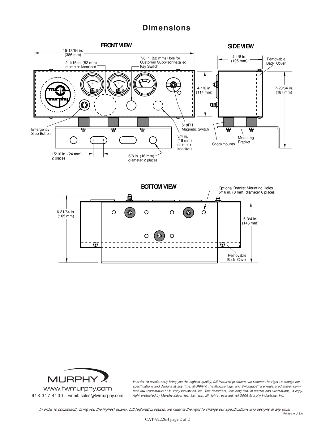 Murphy W0270 warranty Front View, Bottom View 