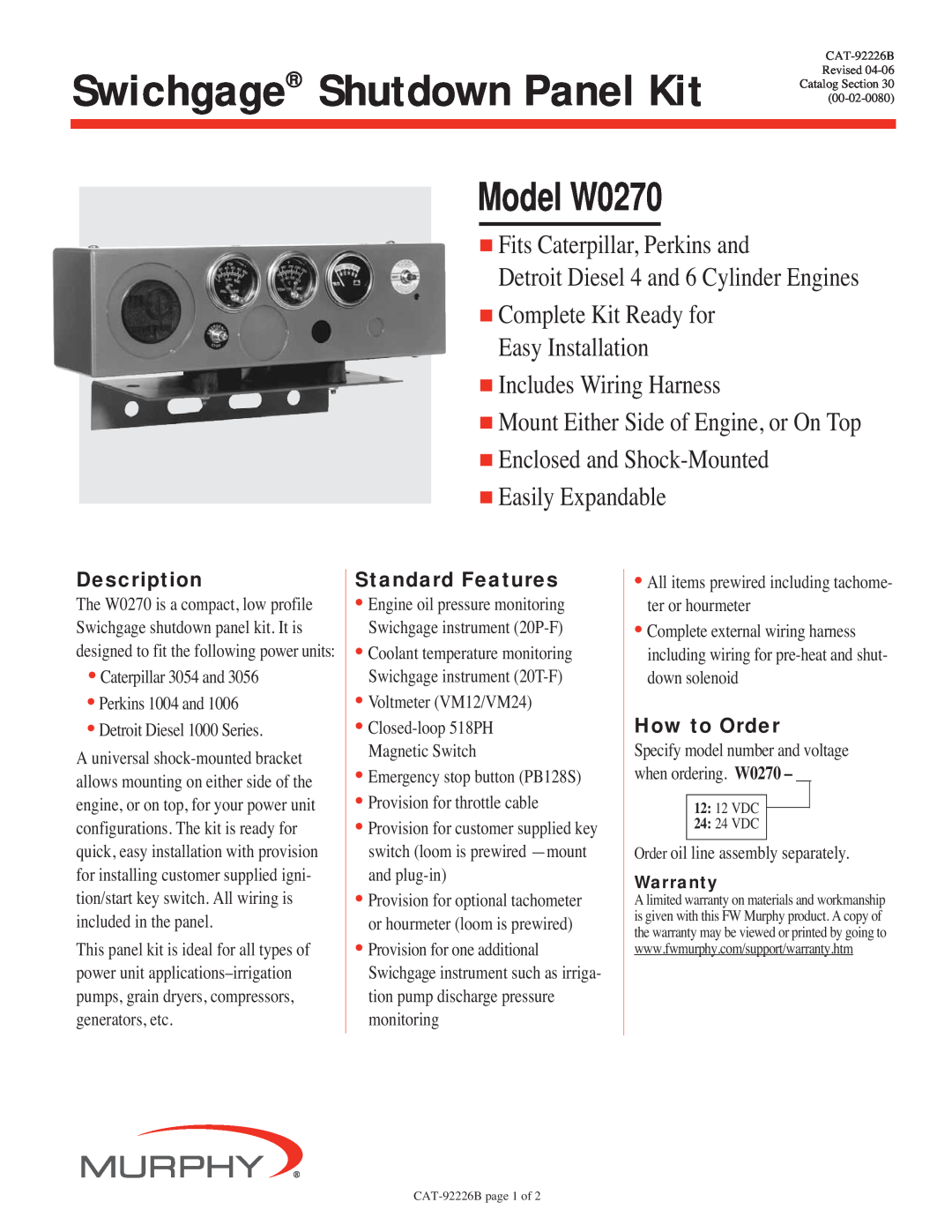 Murphy warranty CAT-92226B Revised Catalog -02-0080, Swichgage Shutdown Panel Kit, Model W0270, Easily Expandable 