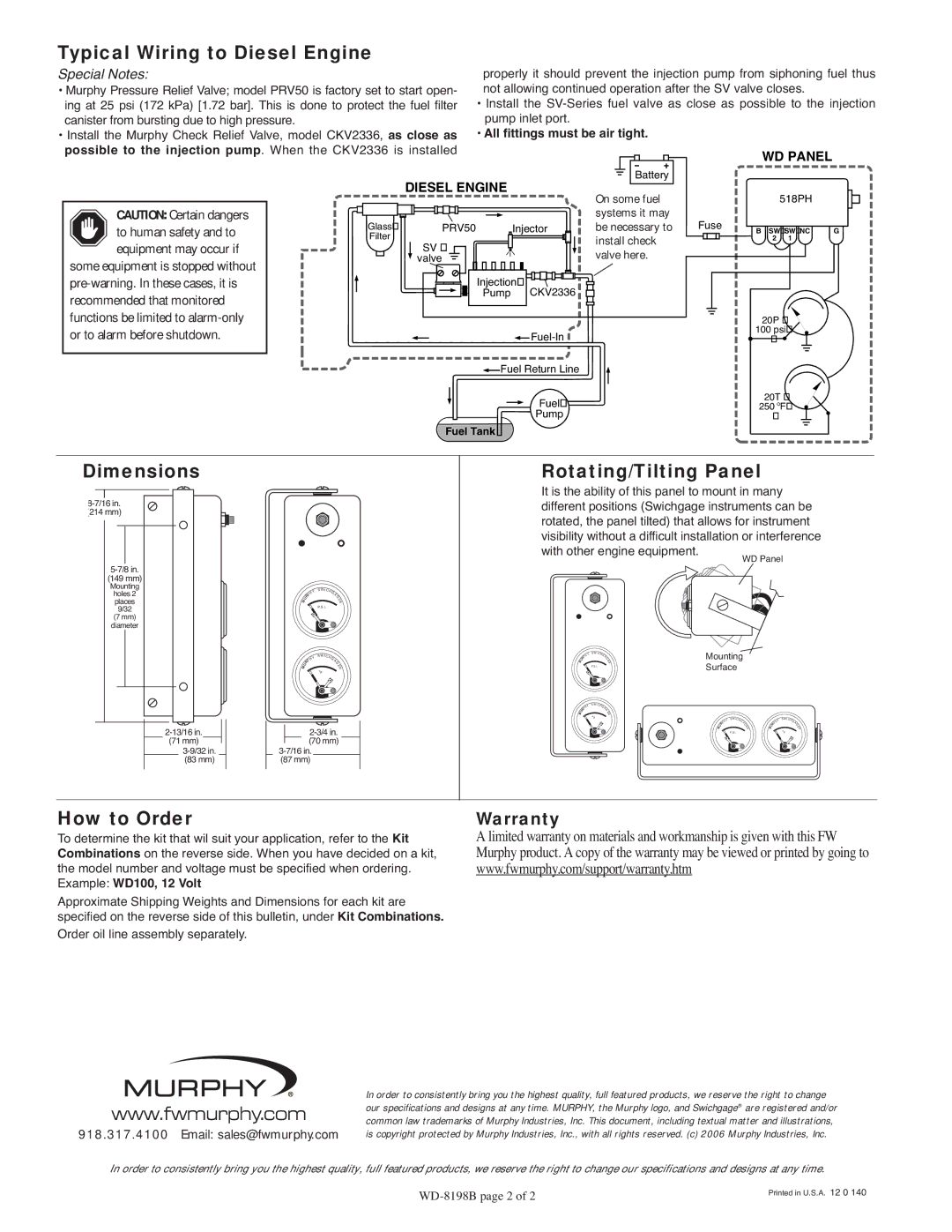 Murphy WD100 specifications Typical Wiring to Diesel Engine, Dimensions, Rotating/Tilting Panel, How to Order 