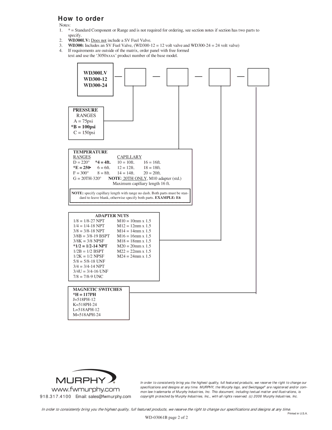 Murphy WD300 Series specifications Temperature, Adapter Nuts, Magnetic Switches 
