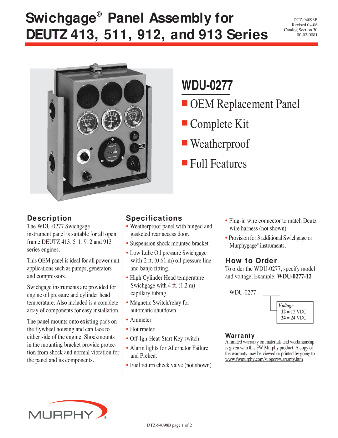 Murphy WDU-0277 specifications Description, Specifications, How to Order 