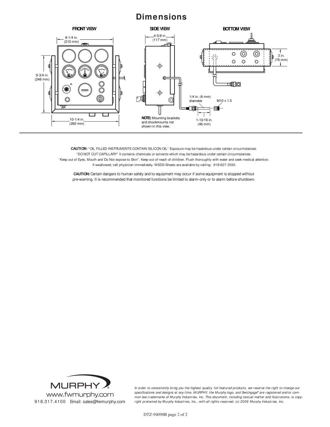 Murphy WDU-0277 specifications Dimensions, Front View, Side View 