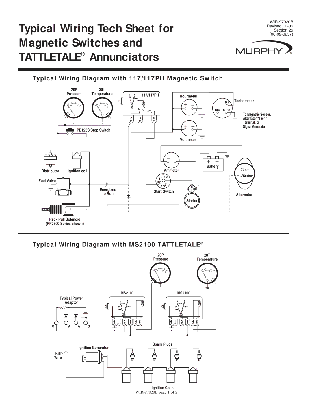 Murphy WIR-97020B manual Typical Wiring Diagram with 117/117PH Magnetic Switch 