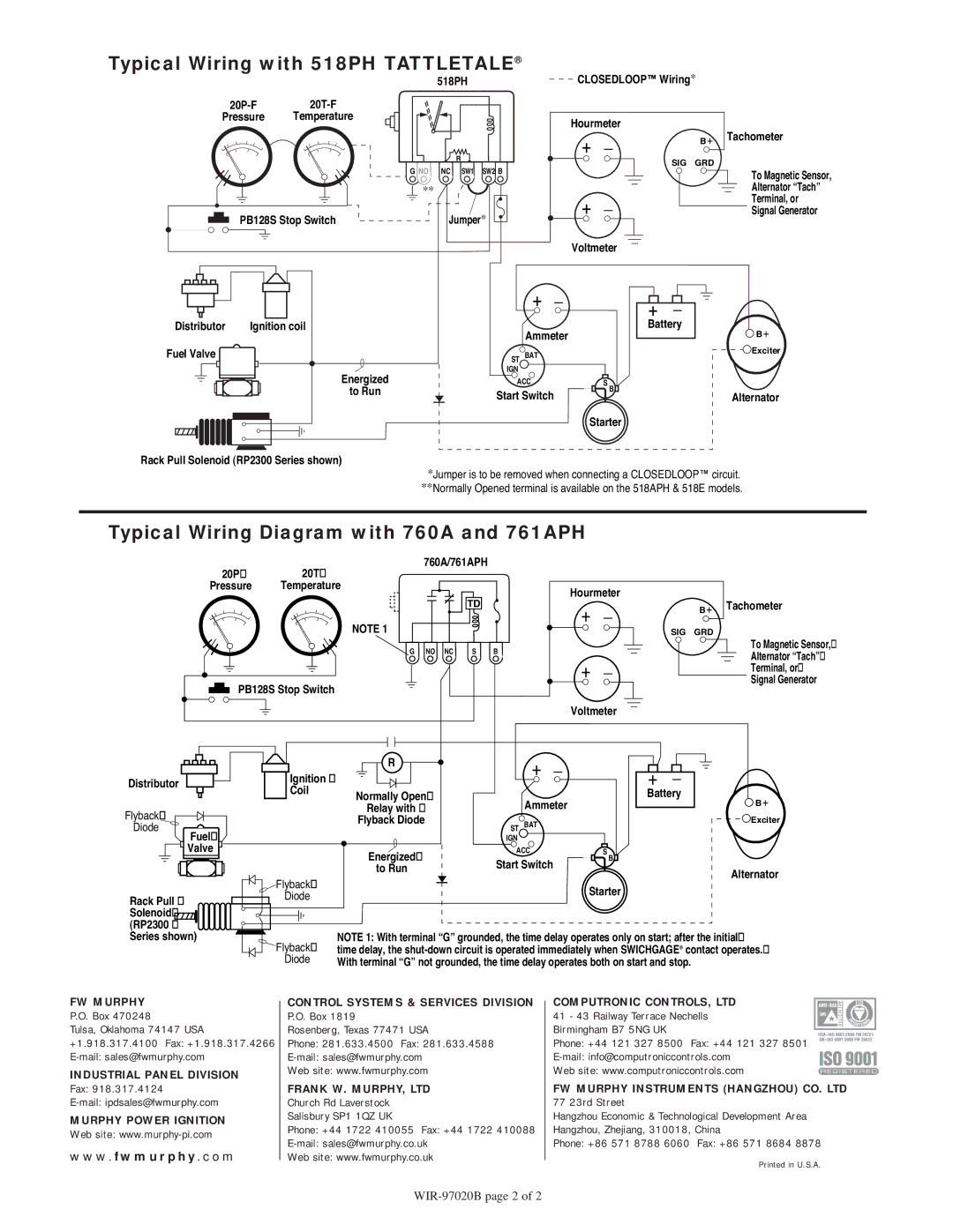 Murphy WIR-97020B manual Typical Wiring with 518PH Tattletale, Typical Wiring Diagram with 760A and 761APH 