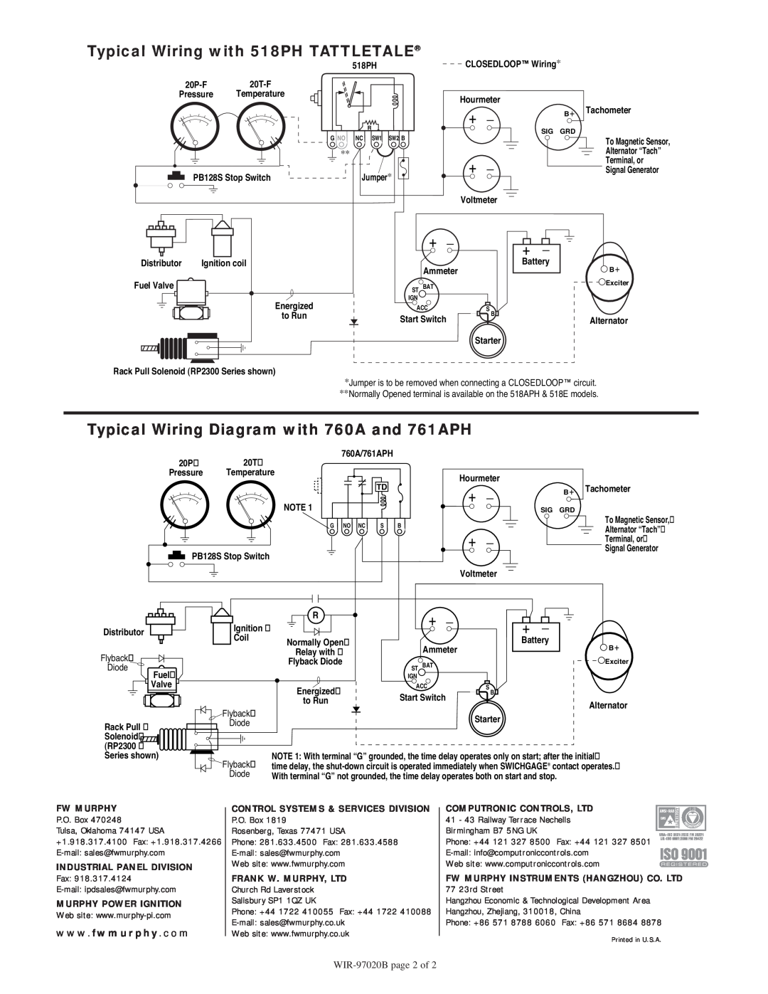 Murphy WIR-97020B Typical Wiring with 518PH TATTLETALE, Typical Wiring Diagram with 760A and 761APH, B + Tachometer, Diode 