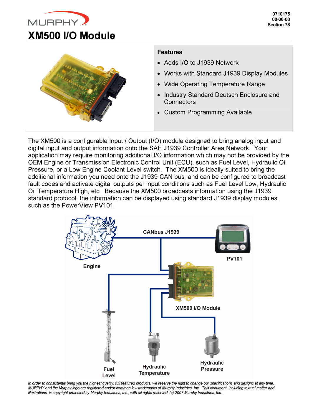 Murphy specifications XM500 I/O Module, Features 