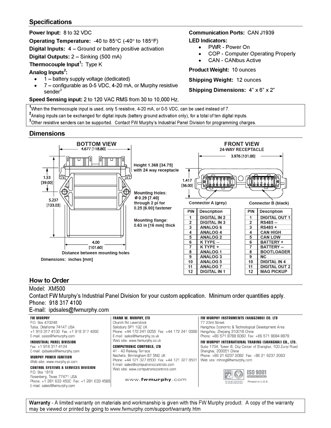 Murphy XM500 Specifications, Dimensions How to Order, Power Input 8 to 32 VDC, Thermocouple Input1 Type K Analog Inputs2 