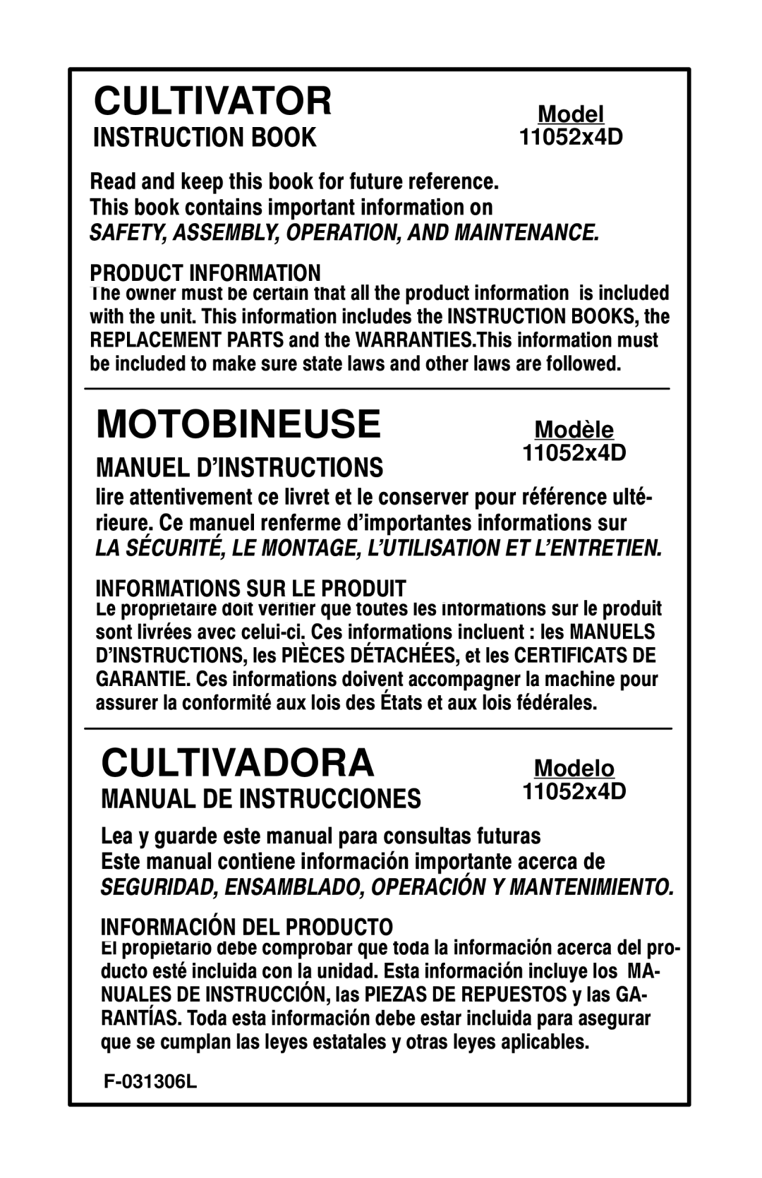 Murray 11052x4D manual Cultivator 