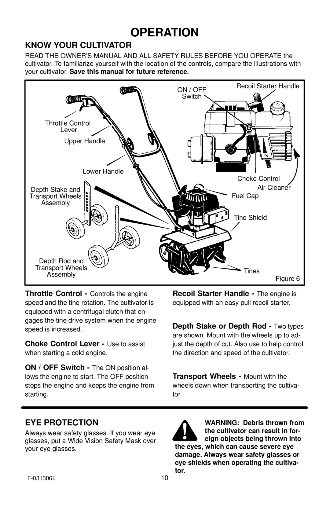 Murray 11052x4D manual Operation, Know Your Cultivator, EYE Protection 