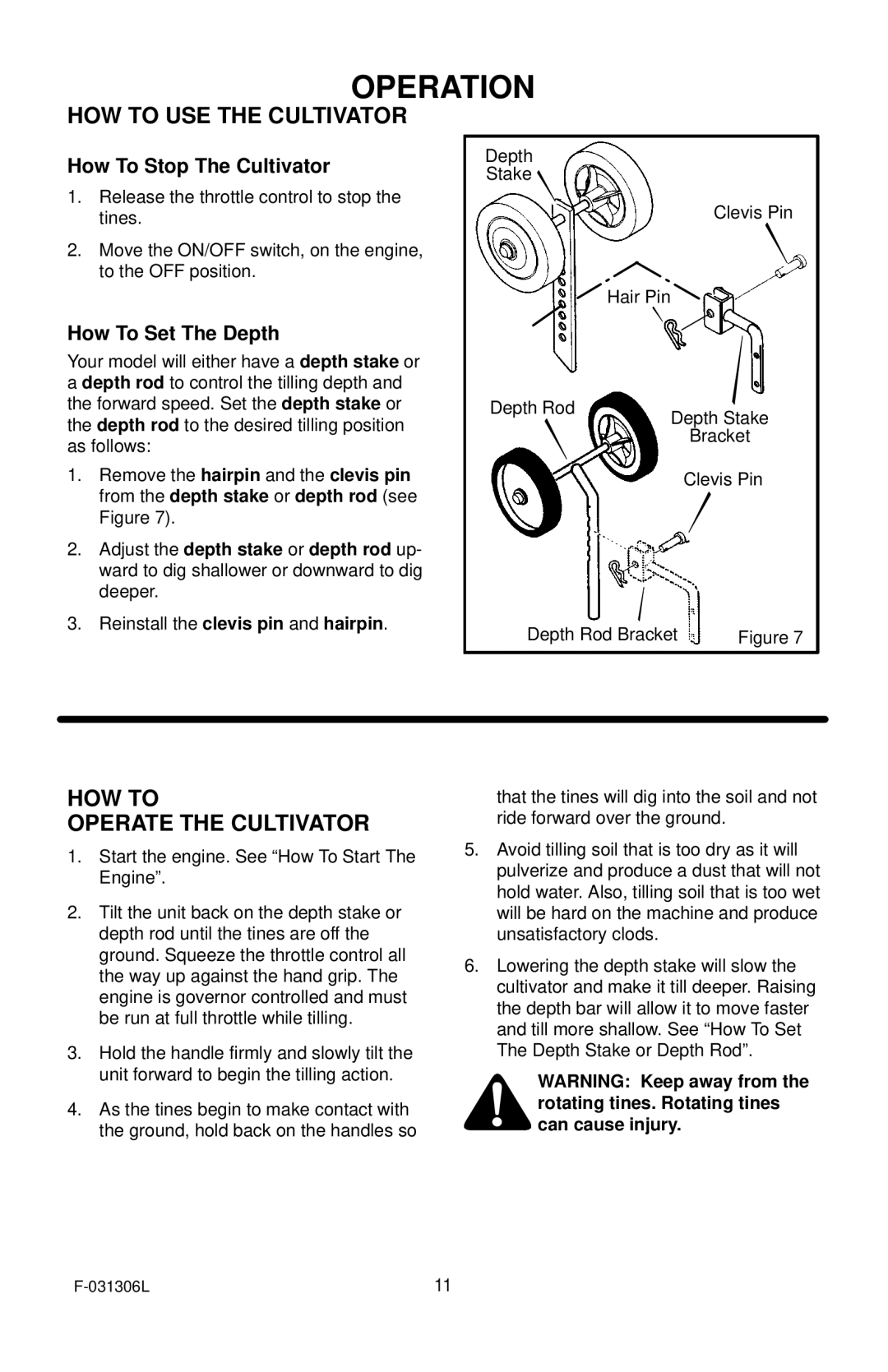 Murray 11052x4D HOW to USE the Cultivator, HOW to Operate the Cultivator, How To Stop The Cultivator, How To Set The Depth 