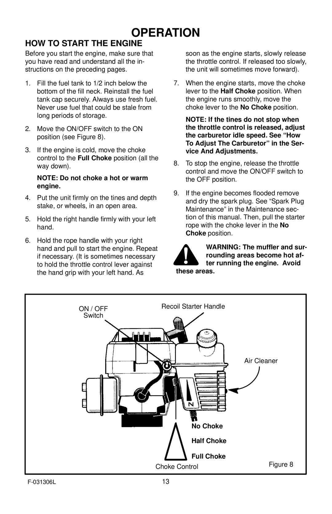 Murray 11052x4D manual HOW to Start the Engine, These areas, No Choke Half Choke Full Choke Choke Control 