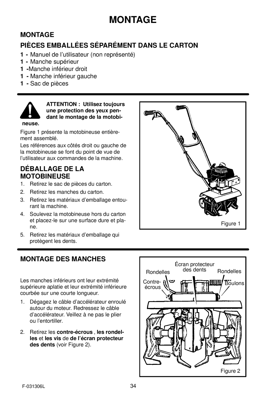 Murray 11052x4D Montage Pièces Emballées Séparément Dans LE Carton, Déballage DE LA Motobineuse, Montage DES Manches 