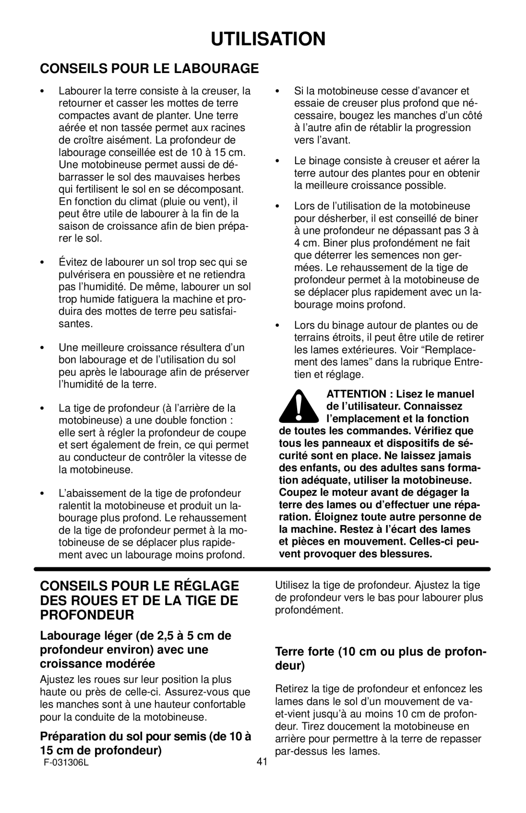 Murray 11052x4D manual Conseils Pour LE Labourage, Préparation du sol pour semis de 10 à 15 cm de profondeur 