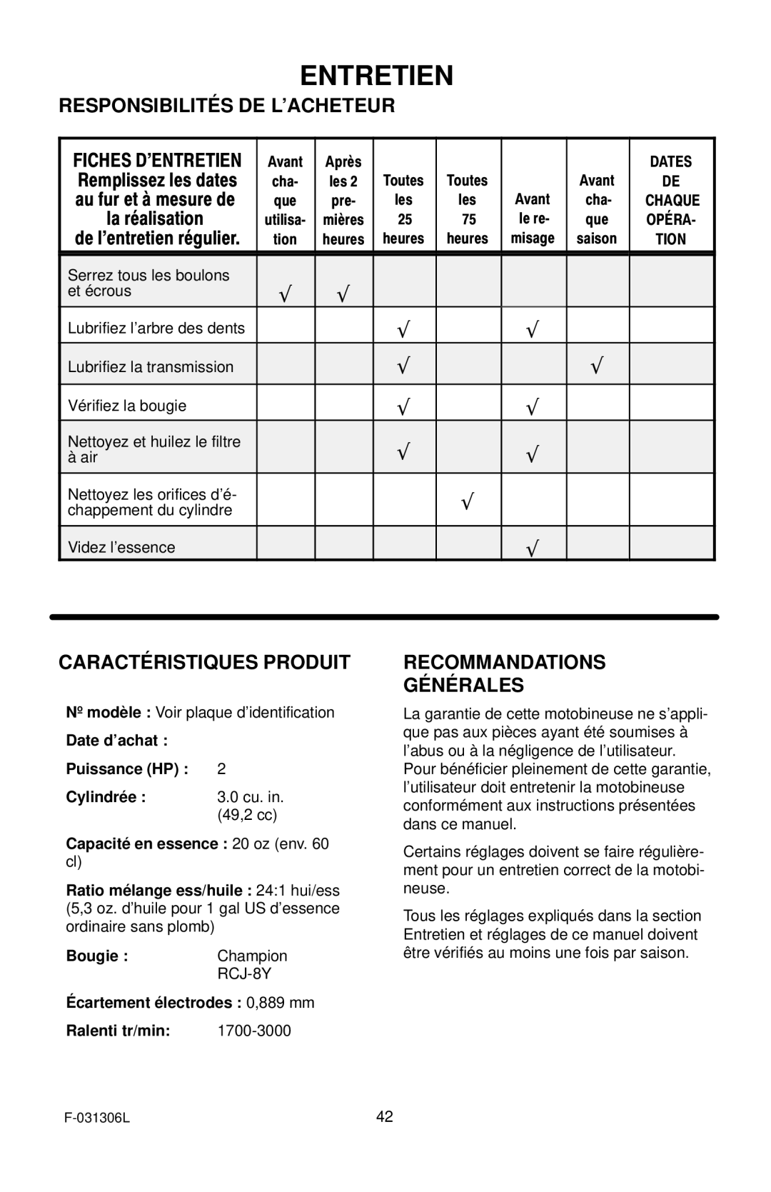 Murray 11052x4D manual Entretien, Responsibilités DE L’ACHETEUR, Caractéristiques Produit, Recommandations Générales 