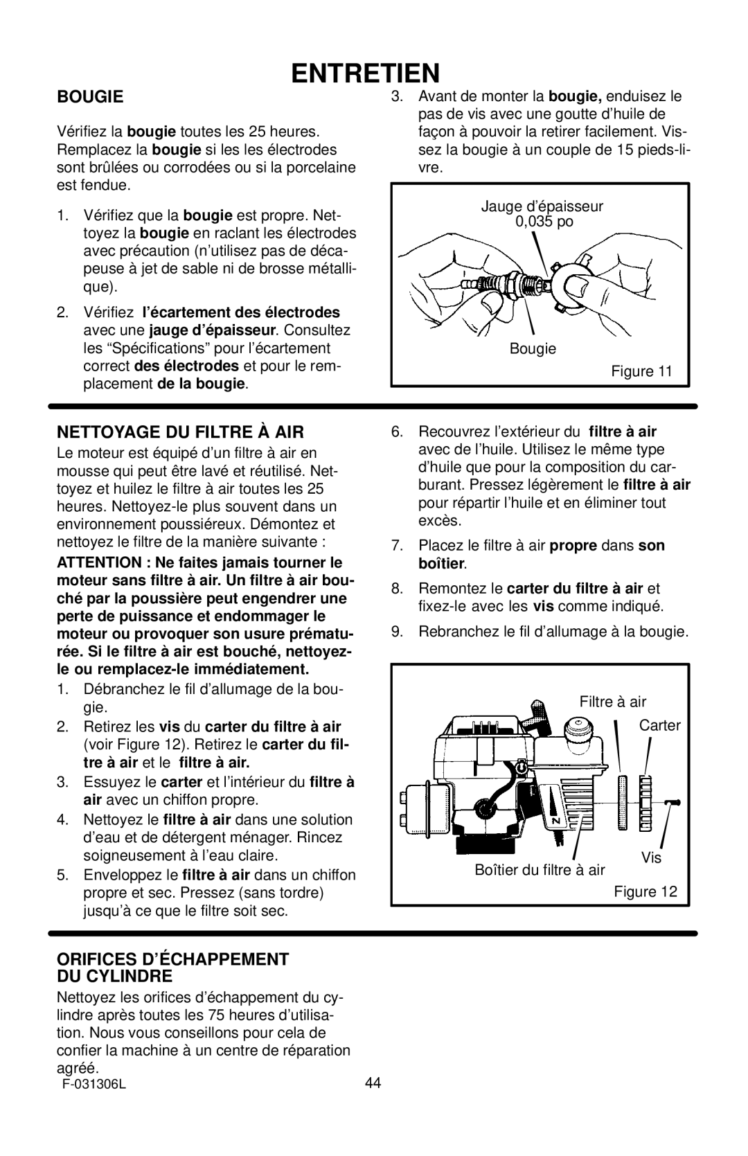 Murray 11052x4D manual Placement de la bougie, Tre à air et le filtre à air 