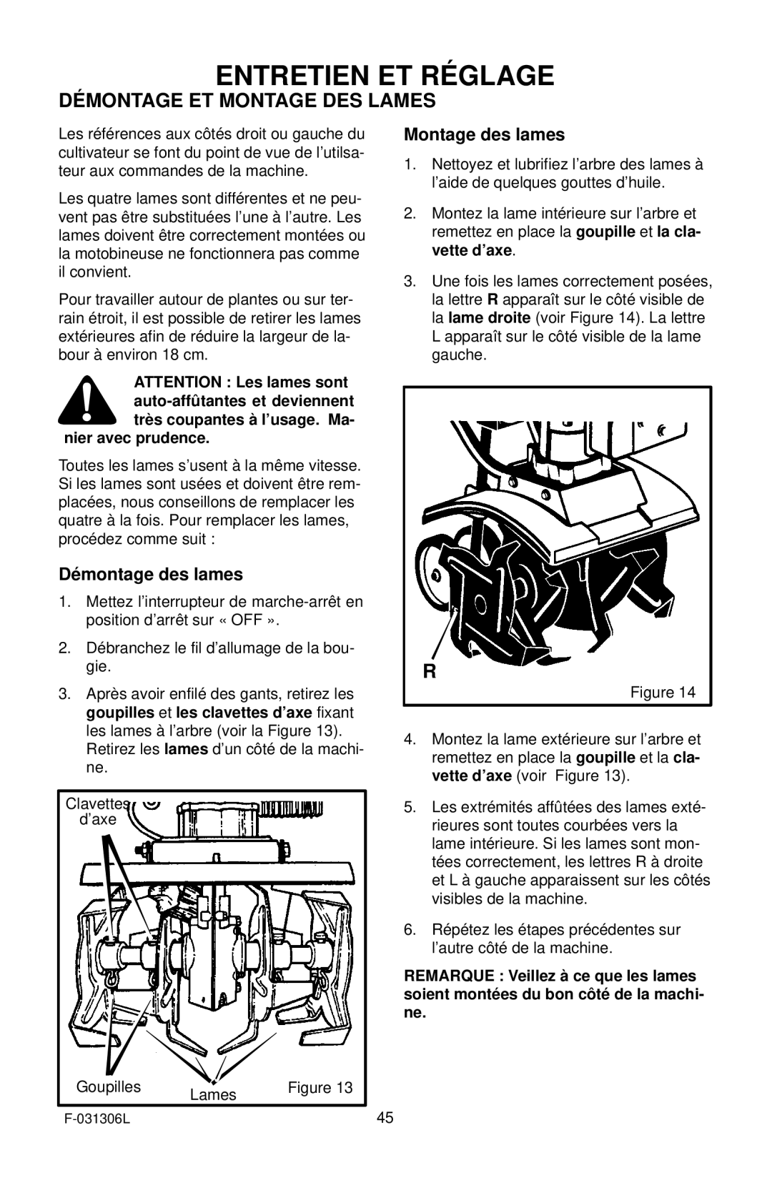 Murray 11052x4D manual Entretien ET Réglage, Démontage ET Montage DES Lames, Démontage des lames, Montage des lames 