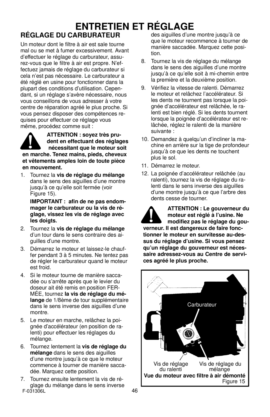 Murray 11052x4D manual Réglage DU Carburateur 