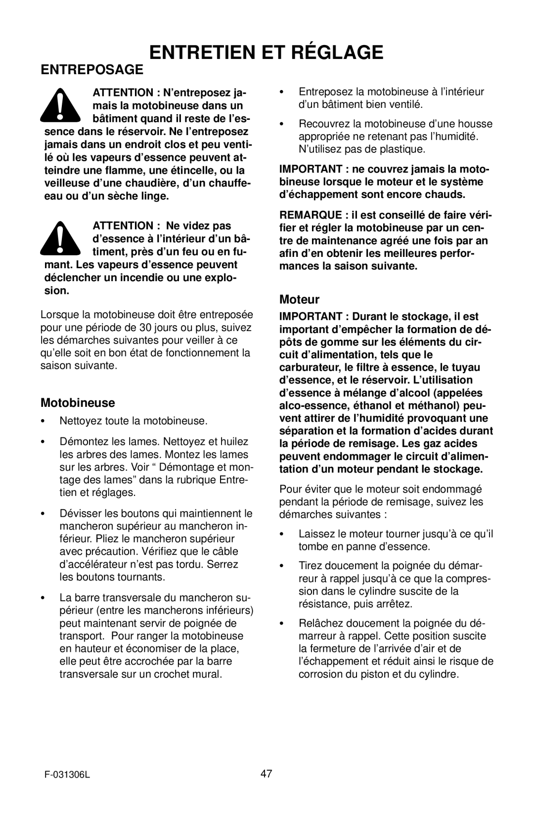 Murray 11052x4D manual Entreposage, Moteur, Motobineuse 