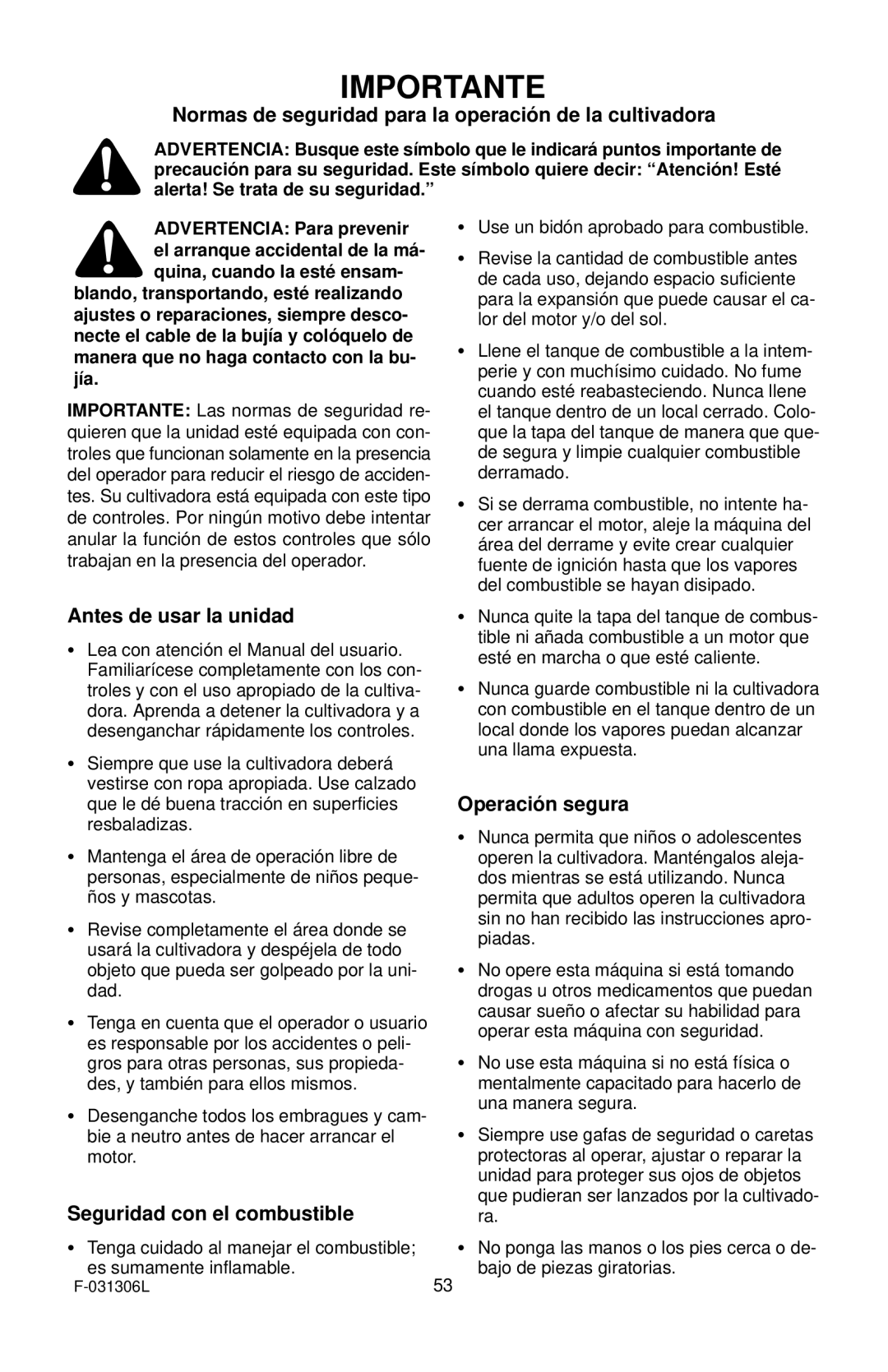 Murray 11052x4D manual Importante, Normas de seguridad para la operación de la cultivadora, Antes de usar la unidad 