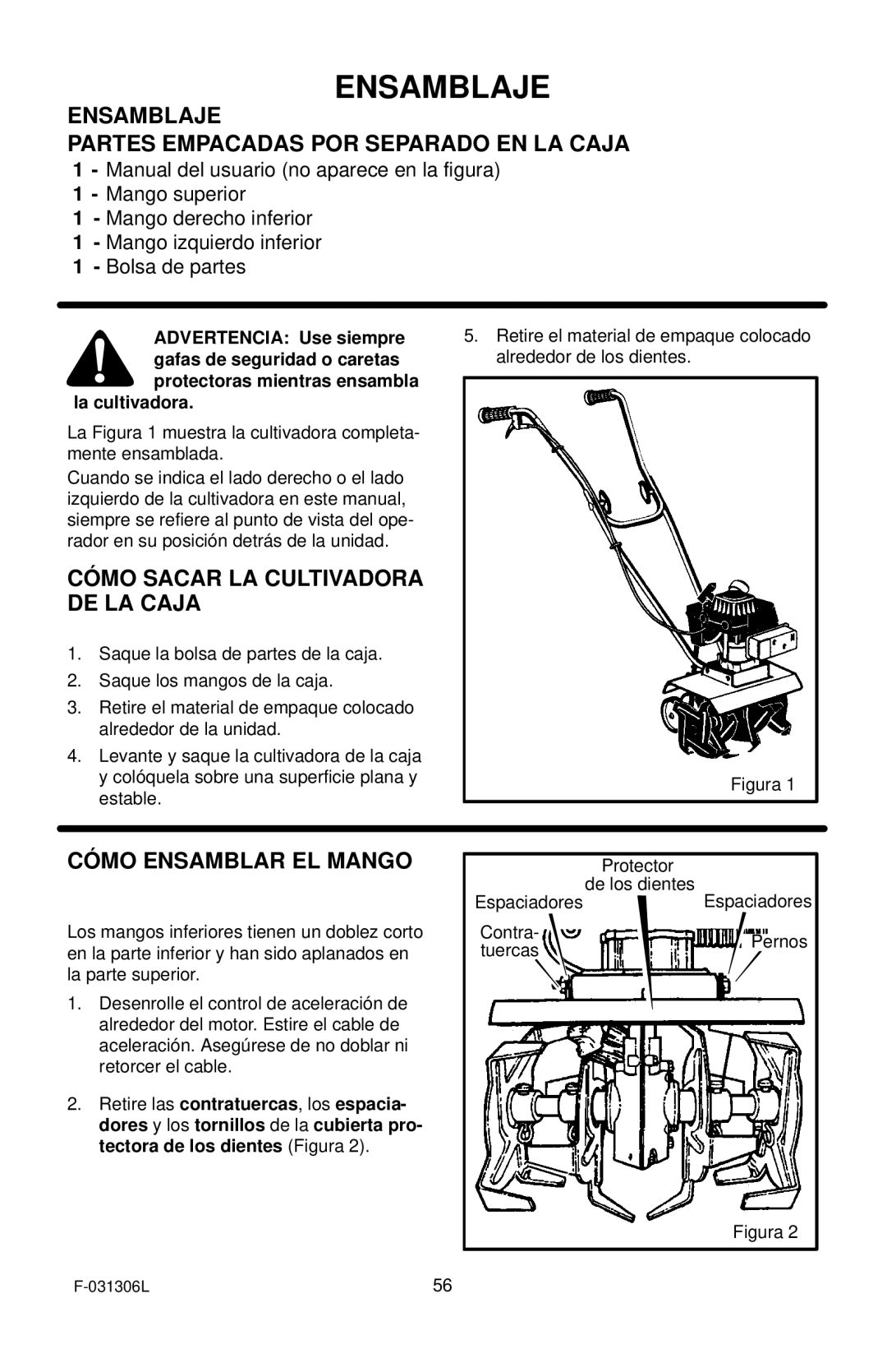 Murray 11052x4D manual Ensamblaje Partes Empacadas POR Separado EN LA Caja, Cómo Sacar LA Cultivadora DE LA Caja 