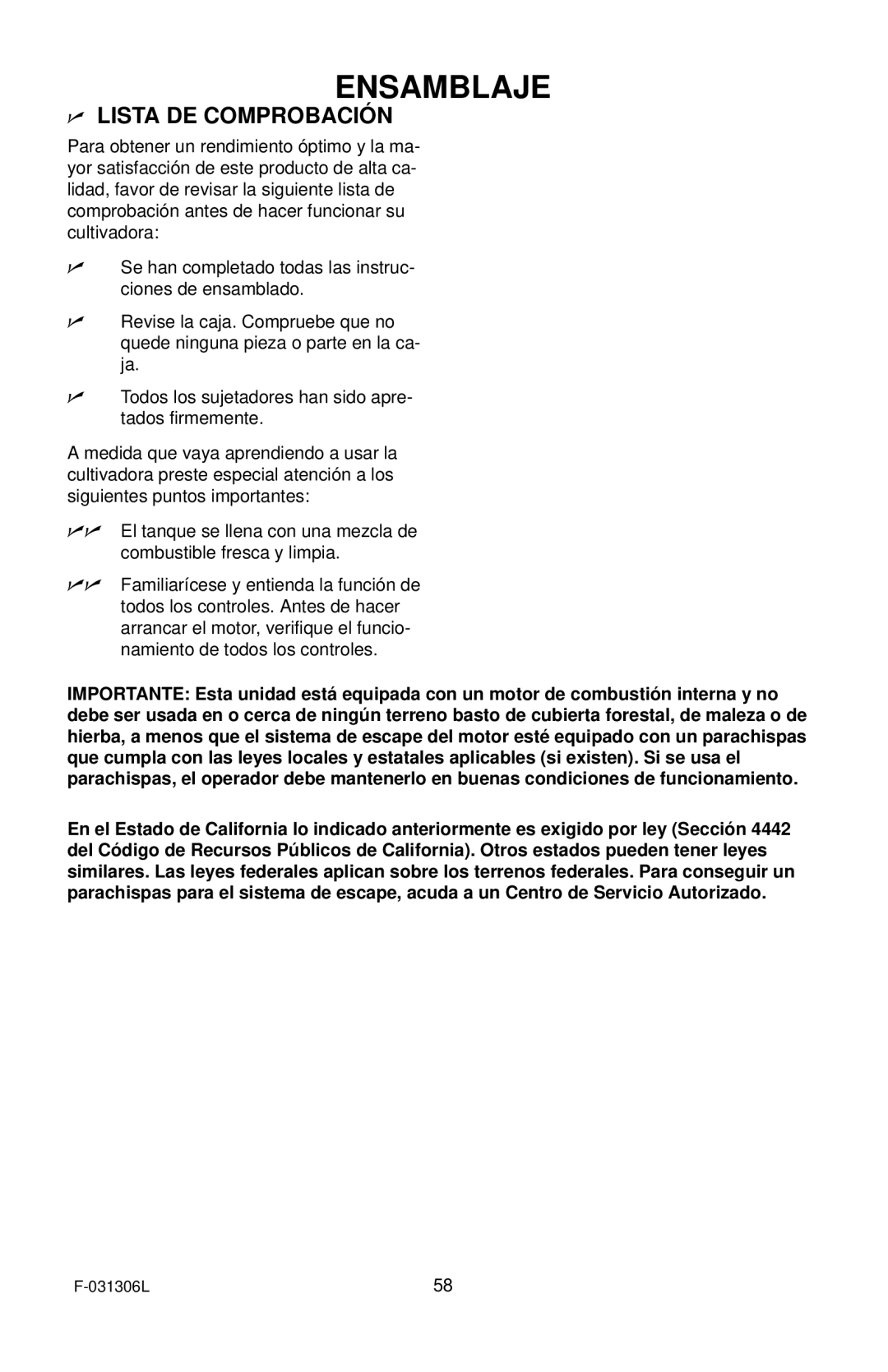 Murray 11052x4D manual Lista DE Comprobación 