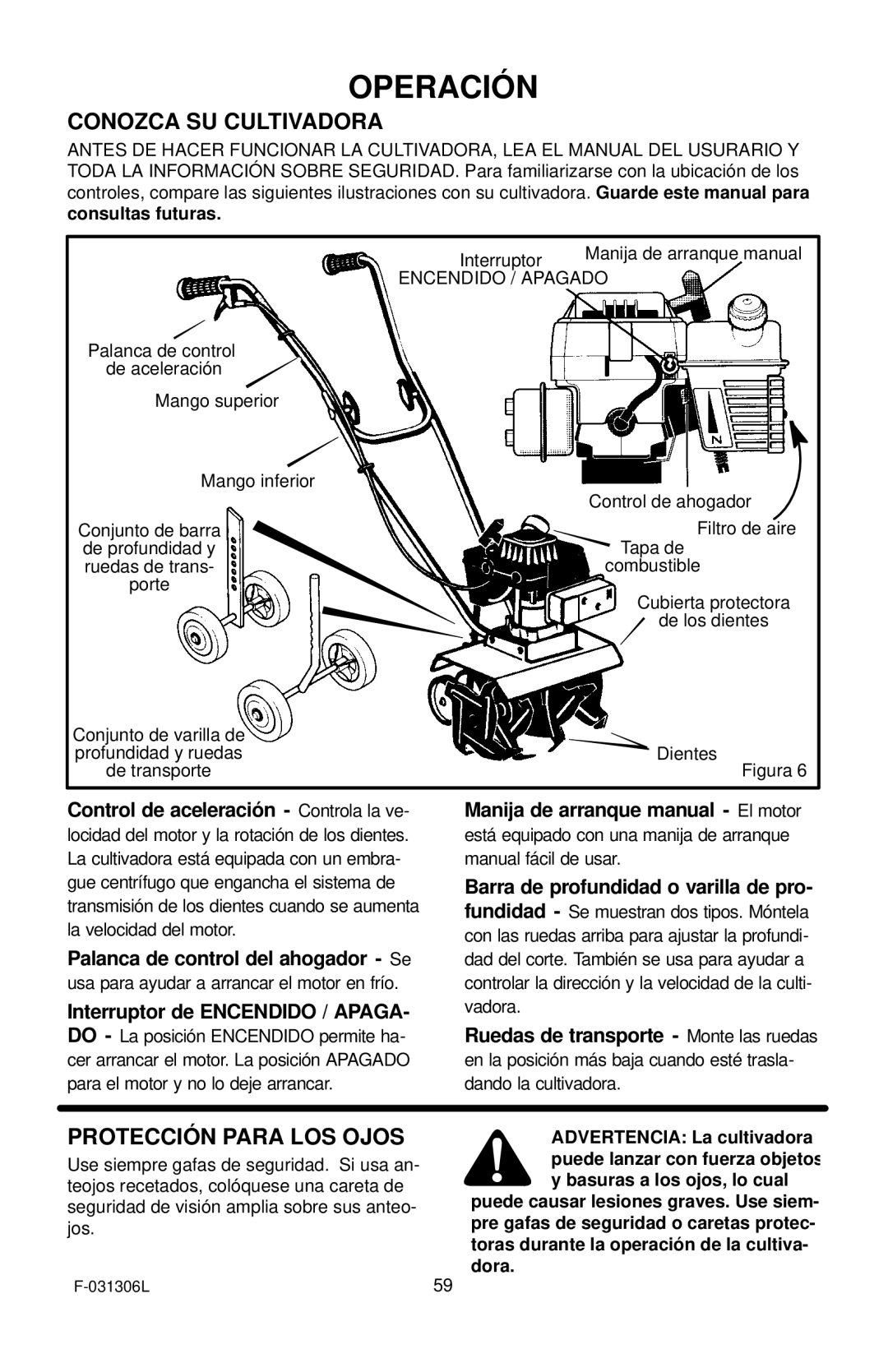 Murray 11052x4D manual Operación, Conozca SU Cultivadora, Protección Para LOS Ojos, Palanca de control del ahogador Se 