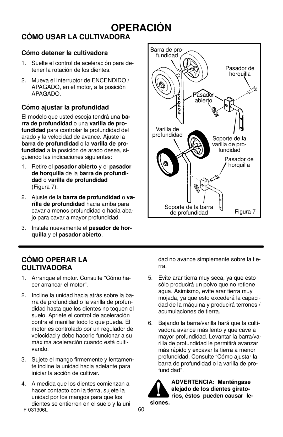 Murray 11052x4D manual Cómo Usar LA Cultivadora, Cómo Operar LA Cultivadora, Cómo detener la cultivadora 