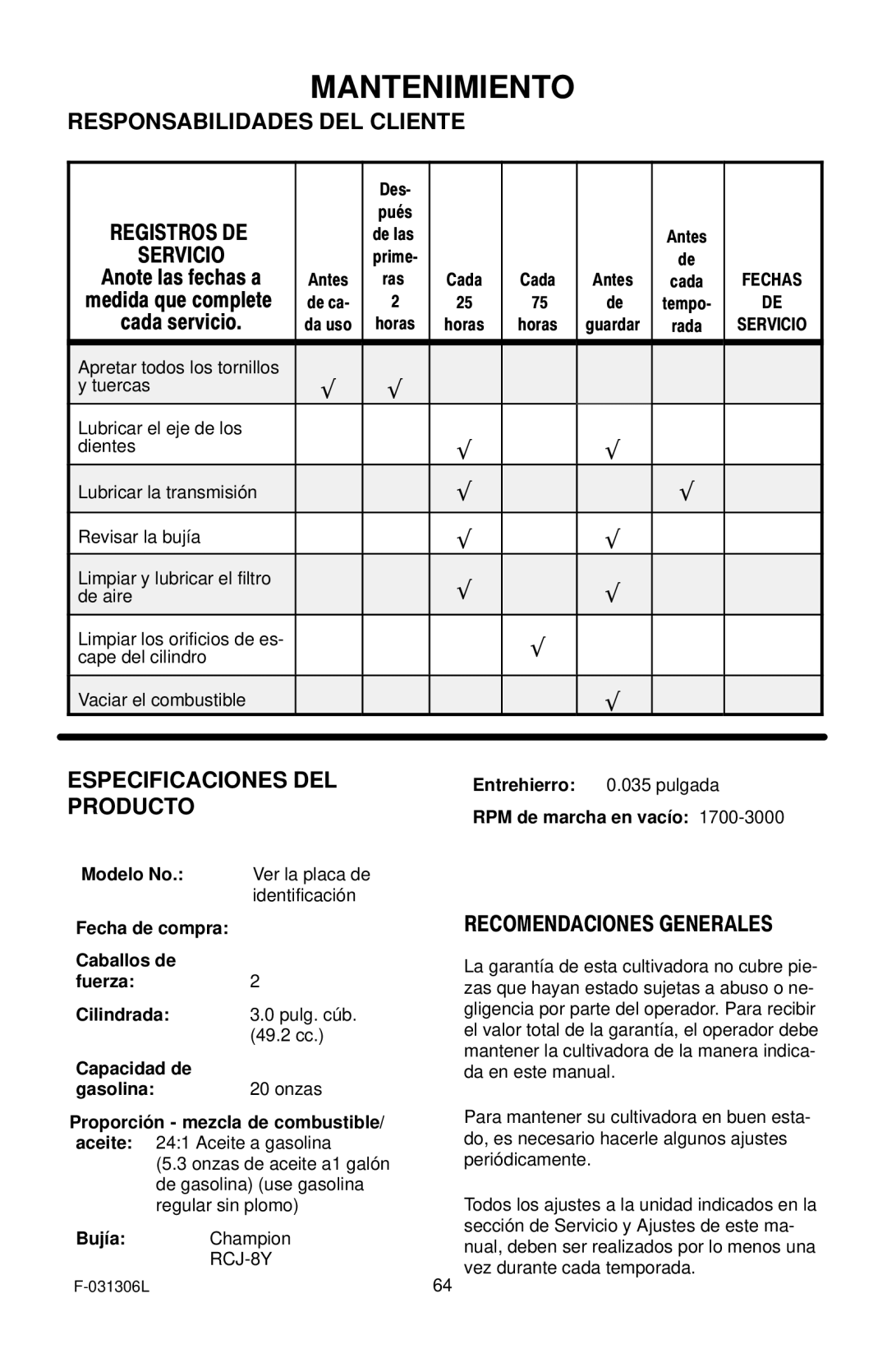 Murray 11052x4D manual Mantenimiento, Responsabilidades DEL Cliente, Especificaciones DEL Producto 