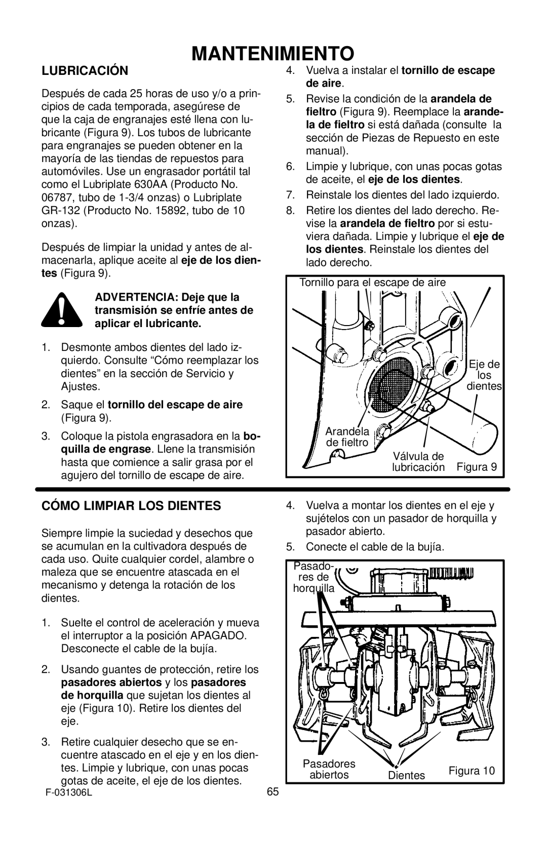 Murray 11052x4D manual De aire, De aceite, el eje de los dientes, Saque el tornillo del escape de aire Figura 