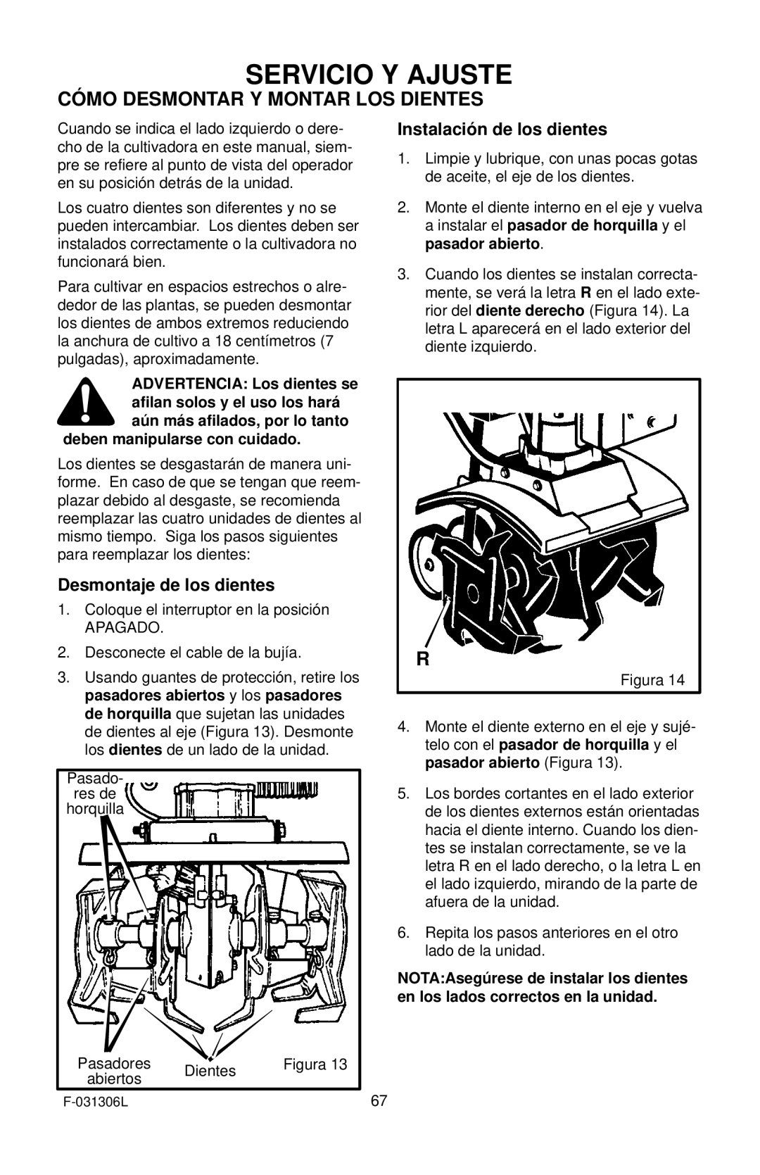 Murray 11052x4D manual Servicio Y Ajuste, Cómo Desmontar Y Montar LOS Dientes, Desmontaje de los dientes 