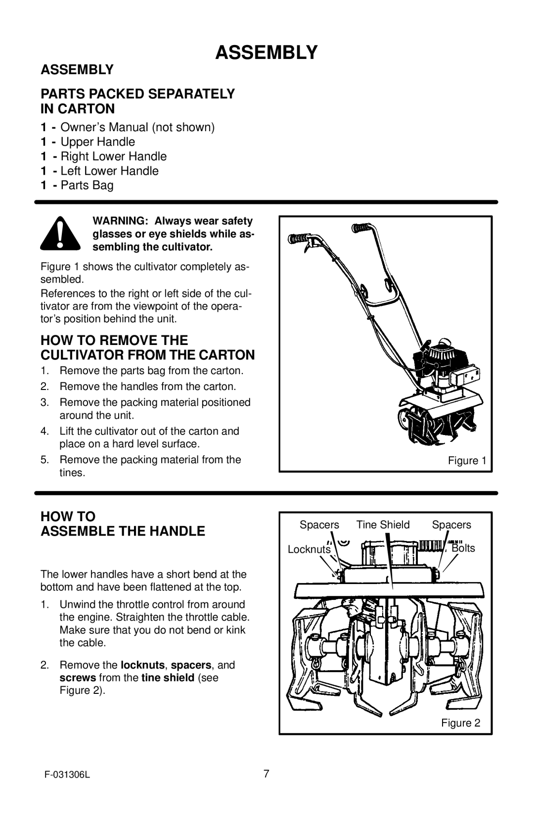 Murray 11052x4D manual Assembly Parts Packed Separately in Carton, HOW to Remove the Cultivator from the Carton 