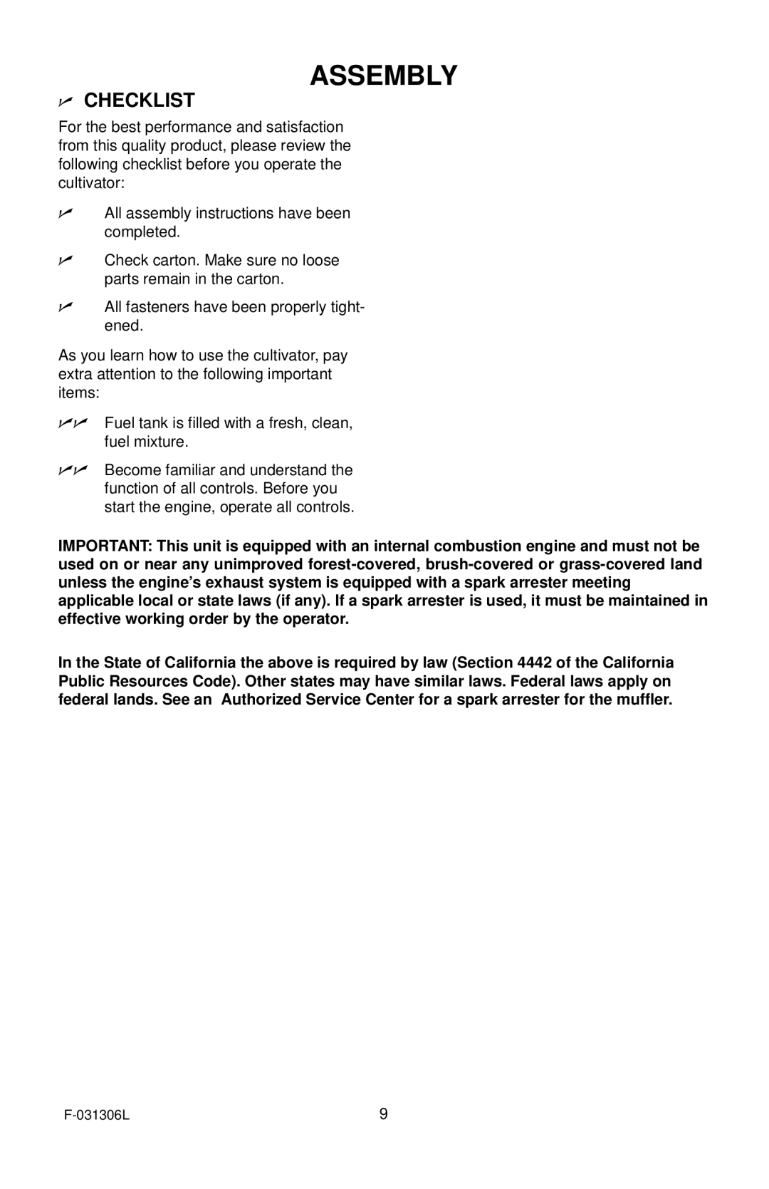 Murray 11052x4D manual Checklist 