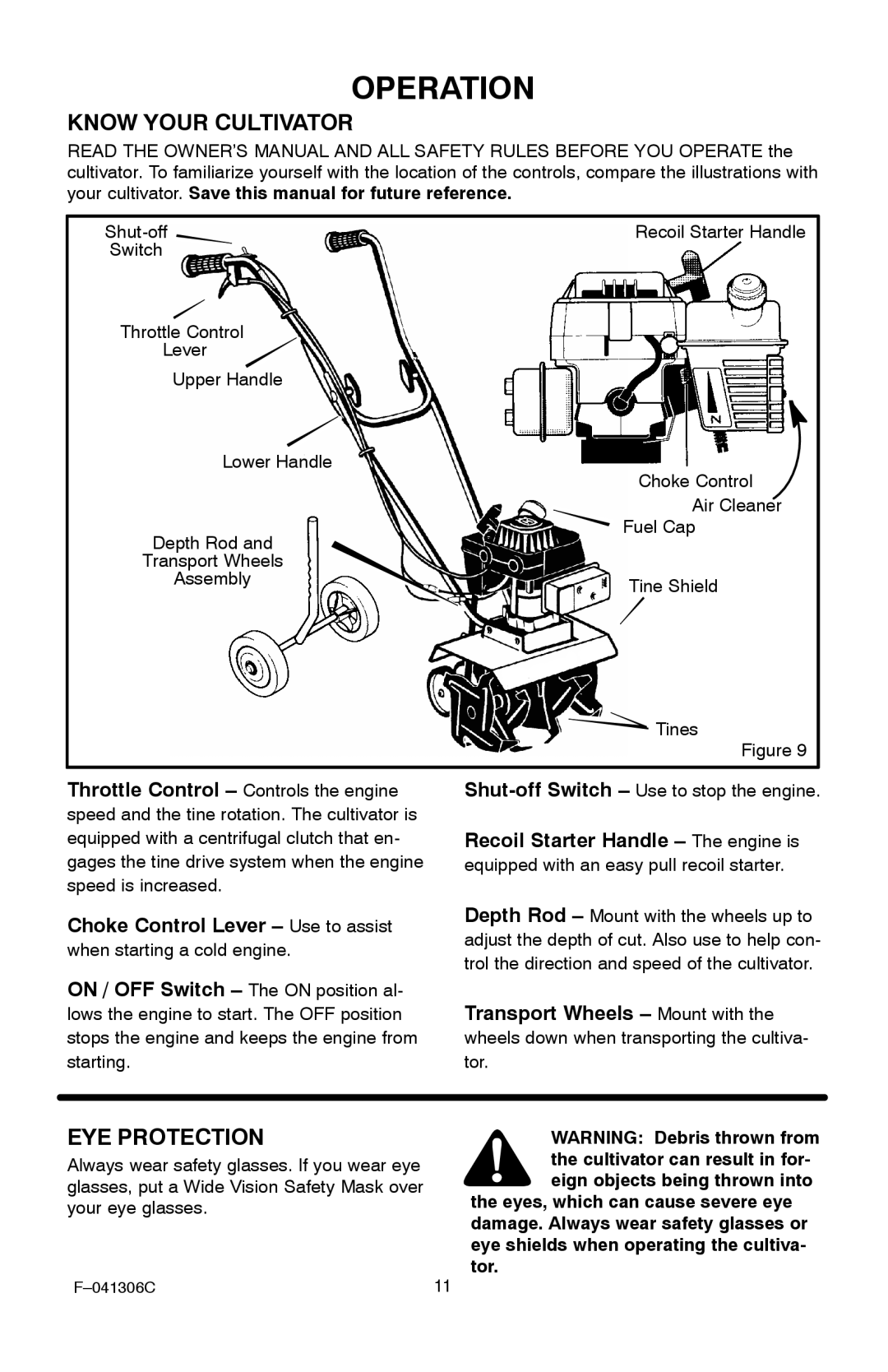 Murray 11052x4NC manual Operation, Know Your Cultivator, EYE Protection 