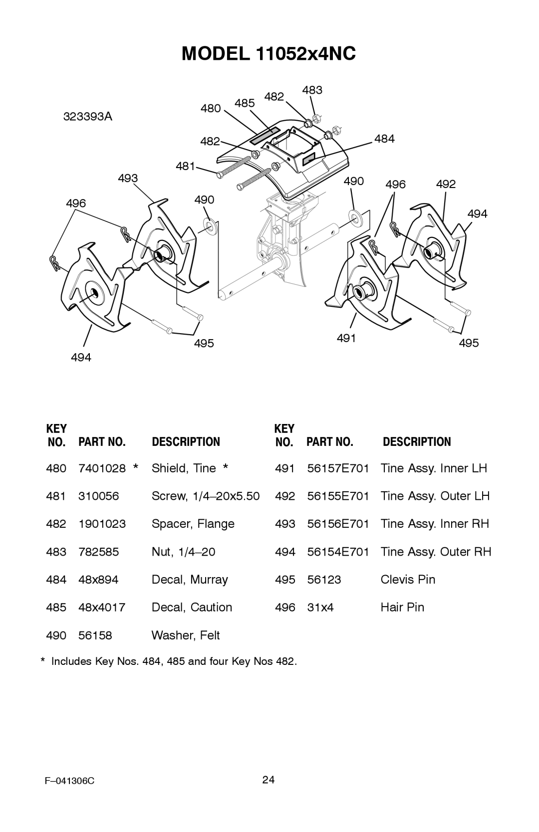 Murray 11052x4NC manual 323393A, Tine Assy. Outer RH, Includes Key Nos , 485 and four Key Nos 