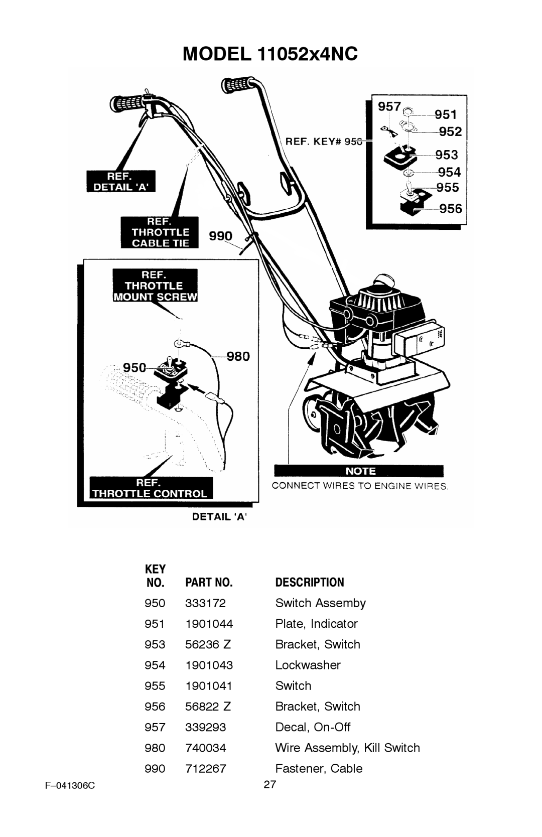 Murray 11052x4NC manual Wire Assembly, Kill Switch 