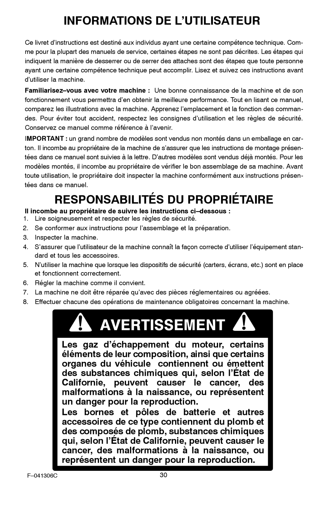 Murray 11052x4NC manual Informations DE L’UTILISATEUR, Responsabilités DU Propriétaire 