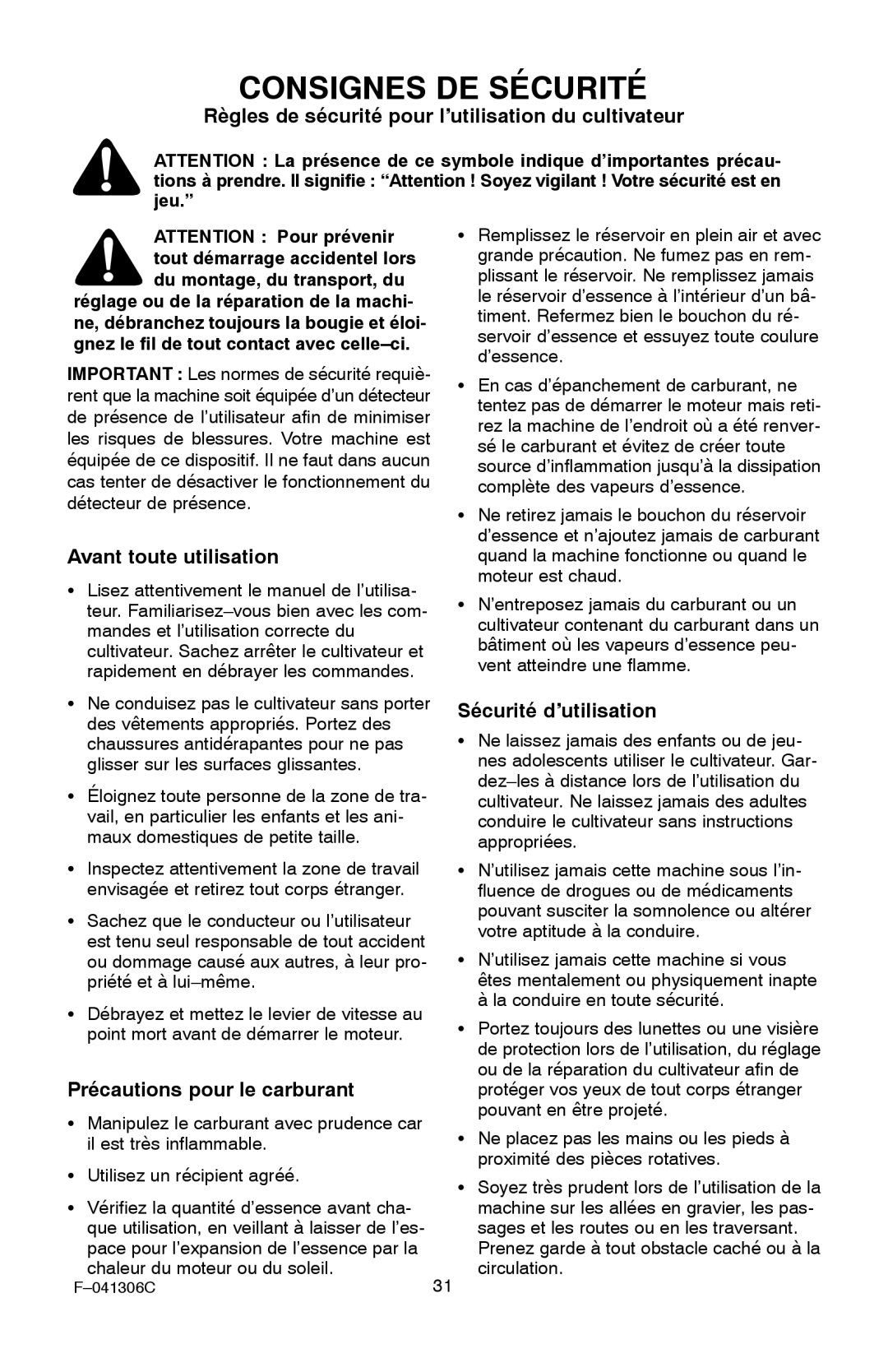 Murray 11052x4NC Consignes DE Sécurité, Règles de sécurité pour l’utilisation du cultivateur, Avant toute utilisation 