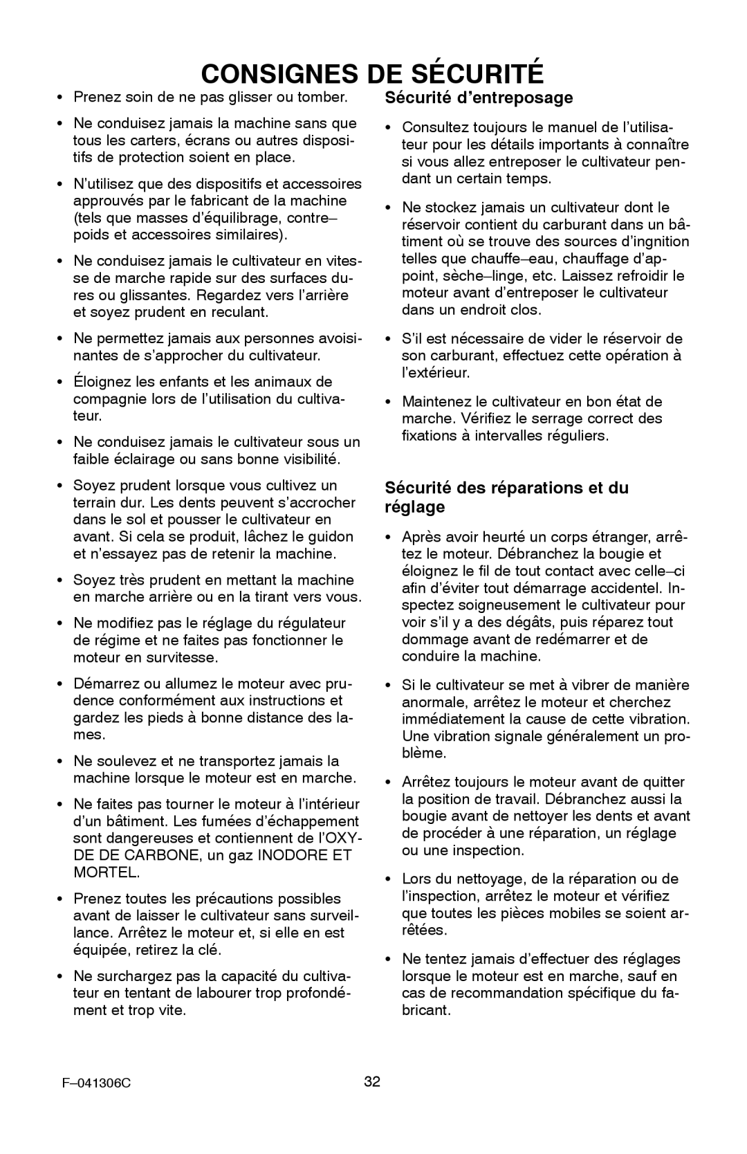 Murray 11052x4NC manual Sécurité d’entreposage, Sécurité des réparations et du réglage 