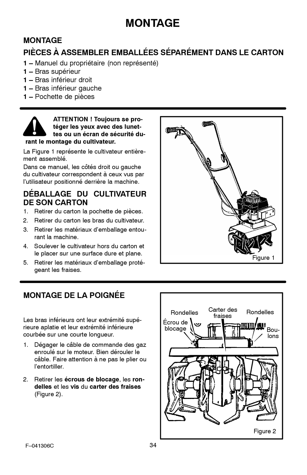 Murray 11052x4NC manual Déballage DU Cultivateur DE SON Carton, Montage DE LA Poignée, Rant le montage du cultivateur 