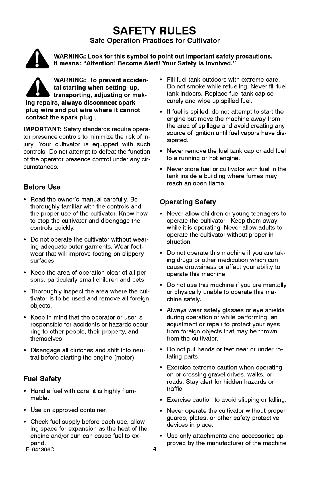 Murray 11052x4NC manual Safety Rules, Safe Operation Practices for Cultivator, Before Use, Operating Safety, Fuel Safety 