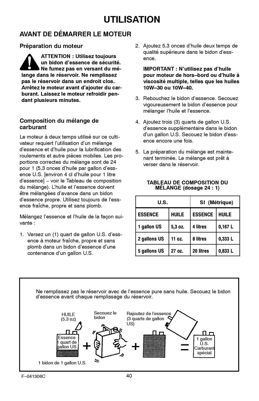 Murray 11052x4NC manual Avant DE Démarrer LE Moteur, Préparation du moteur, Composition du mélange de carburant 