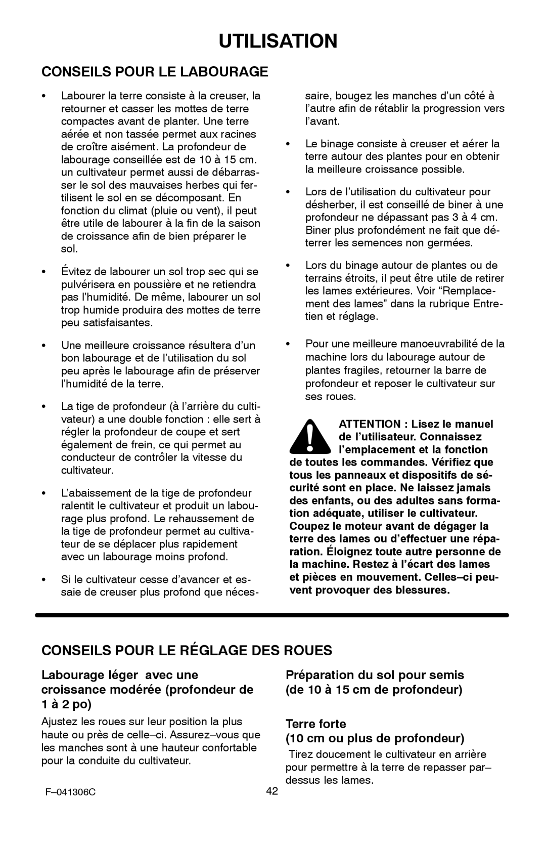 Murray 11052x4NC manual Conseils Pour LE Labourage, Conseils Pour LE Réglage DES Roues 