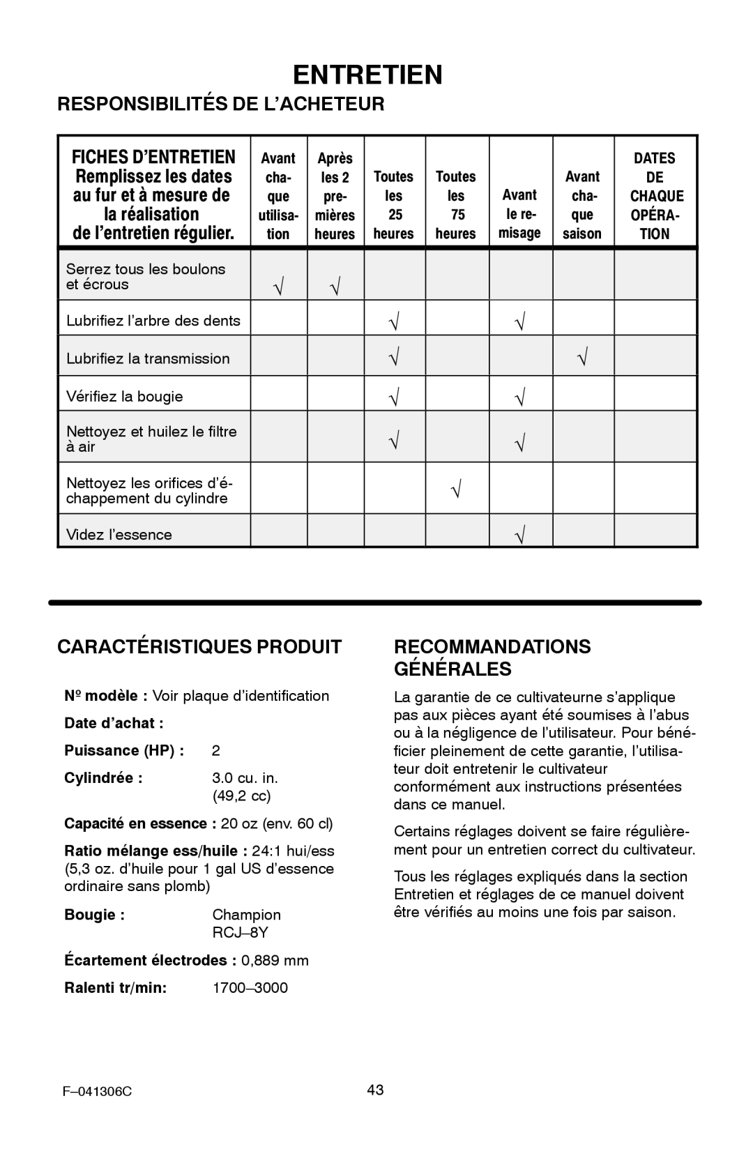 Murray 11052x4NC manual Entretien, Responsibilités DE L’ACHETEUR, Caractéristiques Produit, Recommandations Générales 