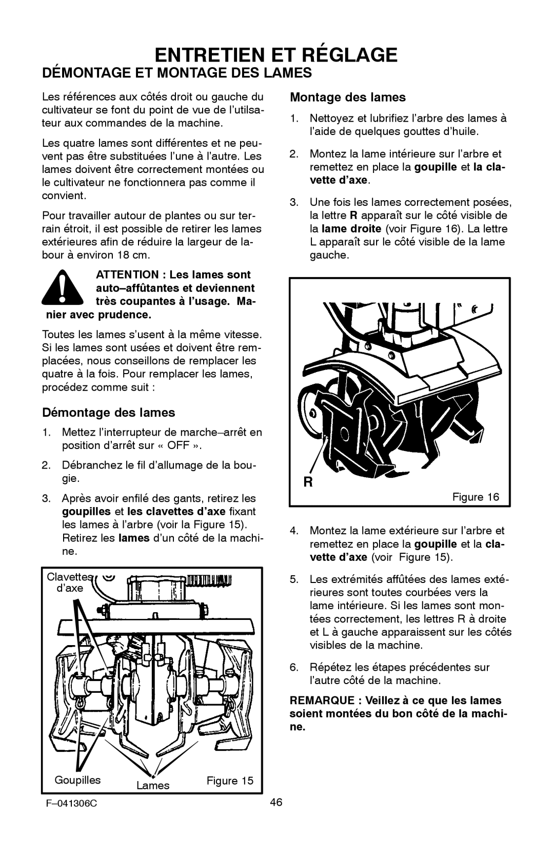 Murray 11052x4NC manual Entretien ET Réglage, Démontage ET Montage DES Lames, Démontage des lames, Montage des lames 