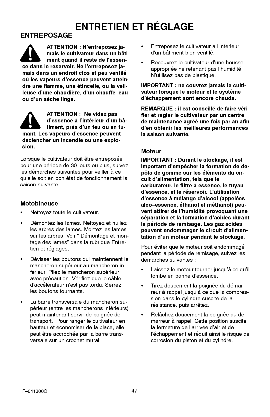 Murray 11052x4NC manual Entreposage, Moteur, Motobineuse 