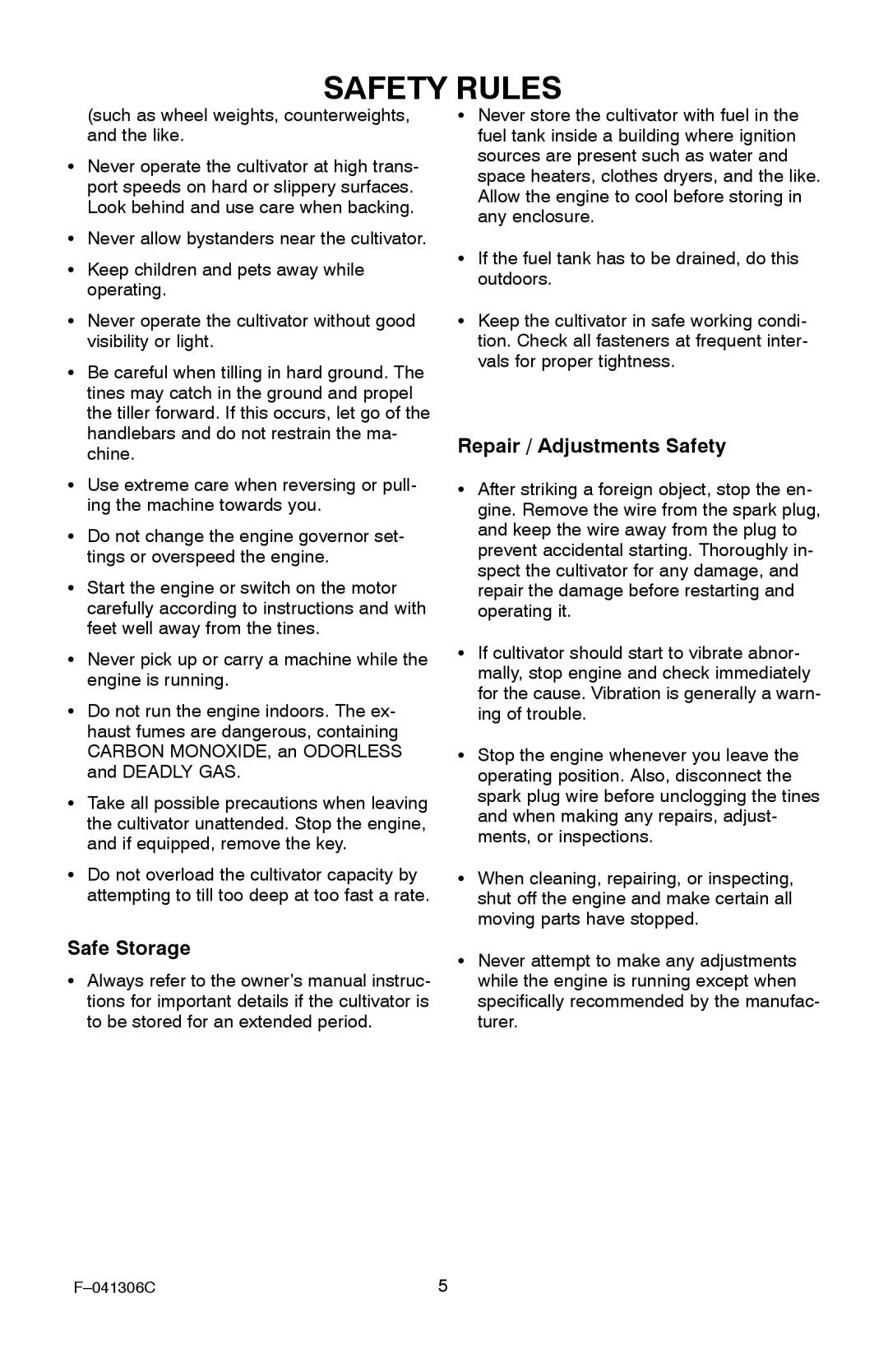 Murray 11052x4NC manual Repair / Adjustments Safety, Safe Storage, Such as wheel weights, counterweights, and the like 