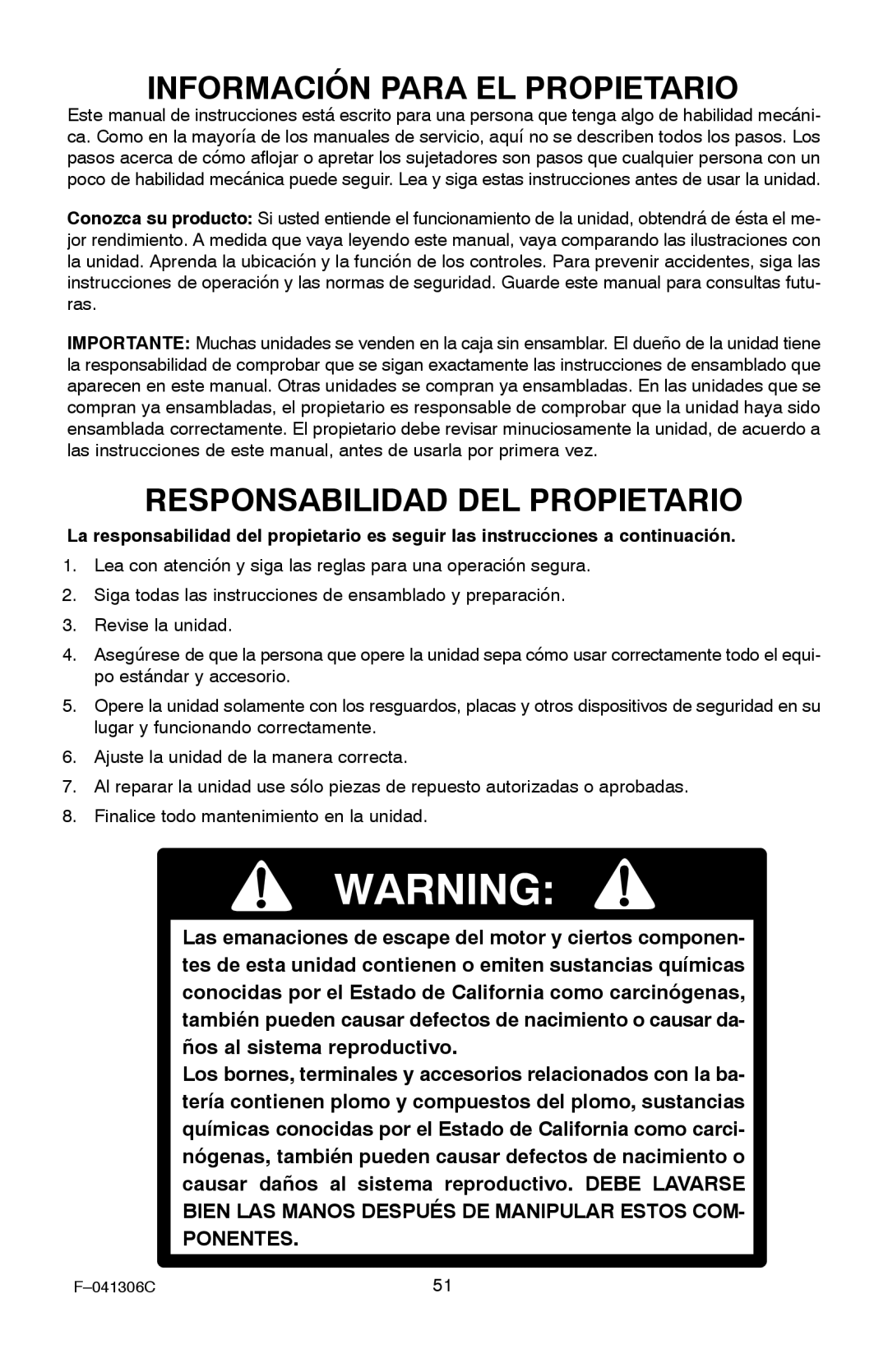 Murray 11052x4NC manual Información Para EL Propietario, Responsabilidad DEL Propietario 