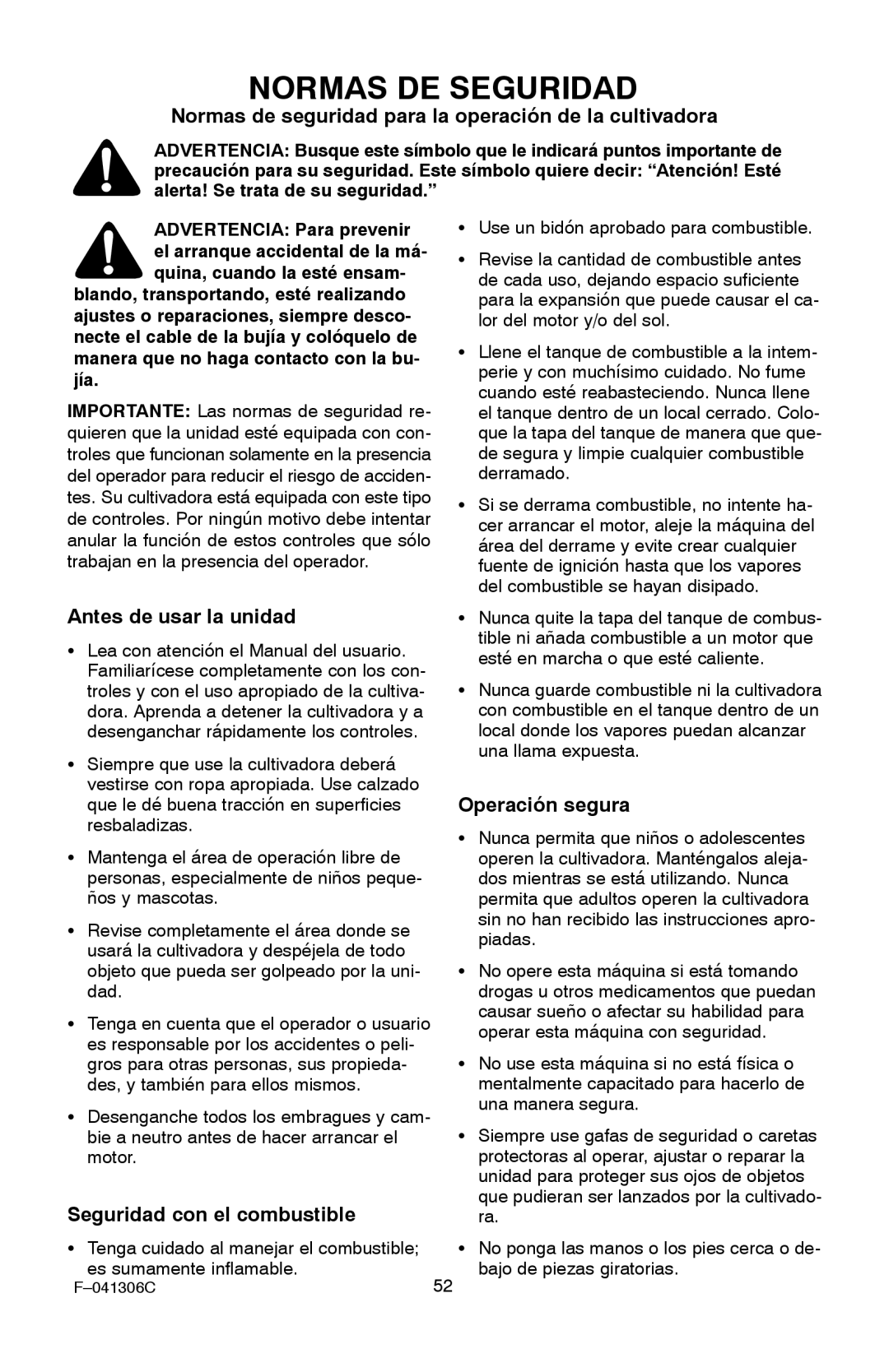 Murray 11052x4NC Normas DE Seguridad, Normas de seguridad para la operación de la cultivadora, Antes de usar la unidad 