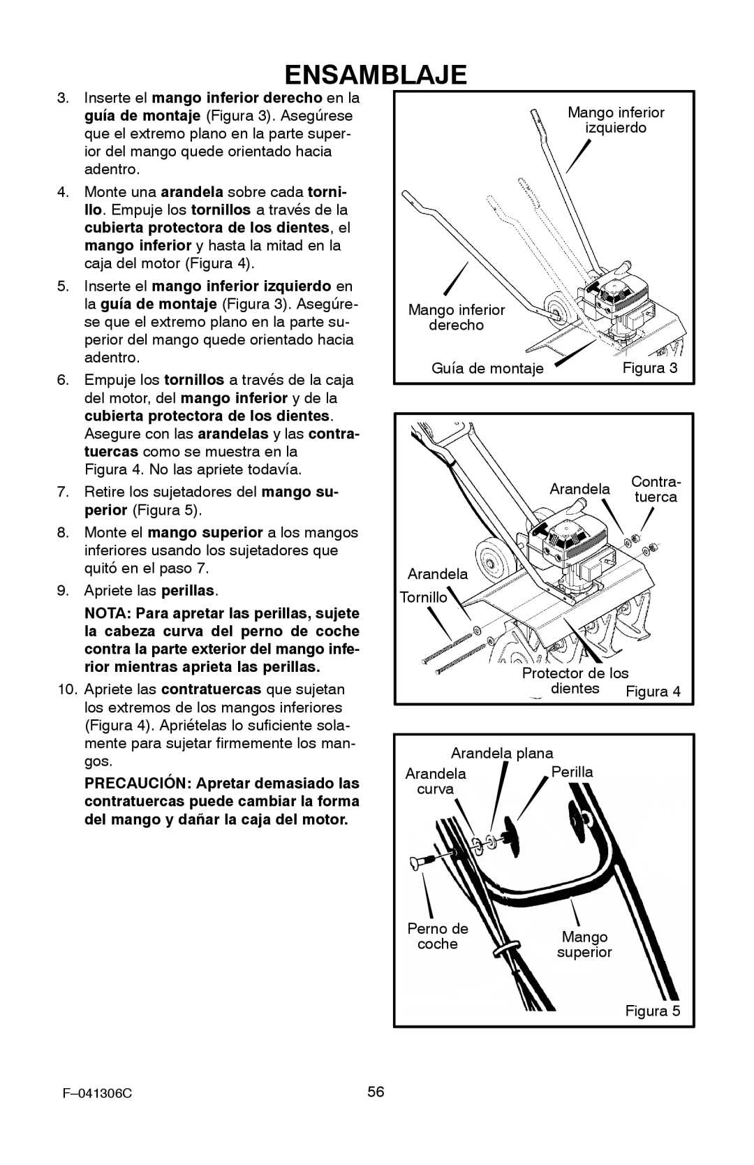 Murray 11052x4NC manual Mango inferior Izquierdo Derecho Guía de montaje, Perilla, Perno de Mango 